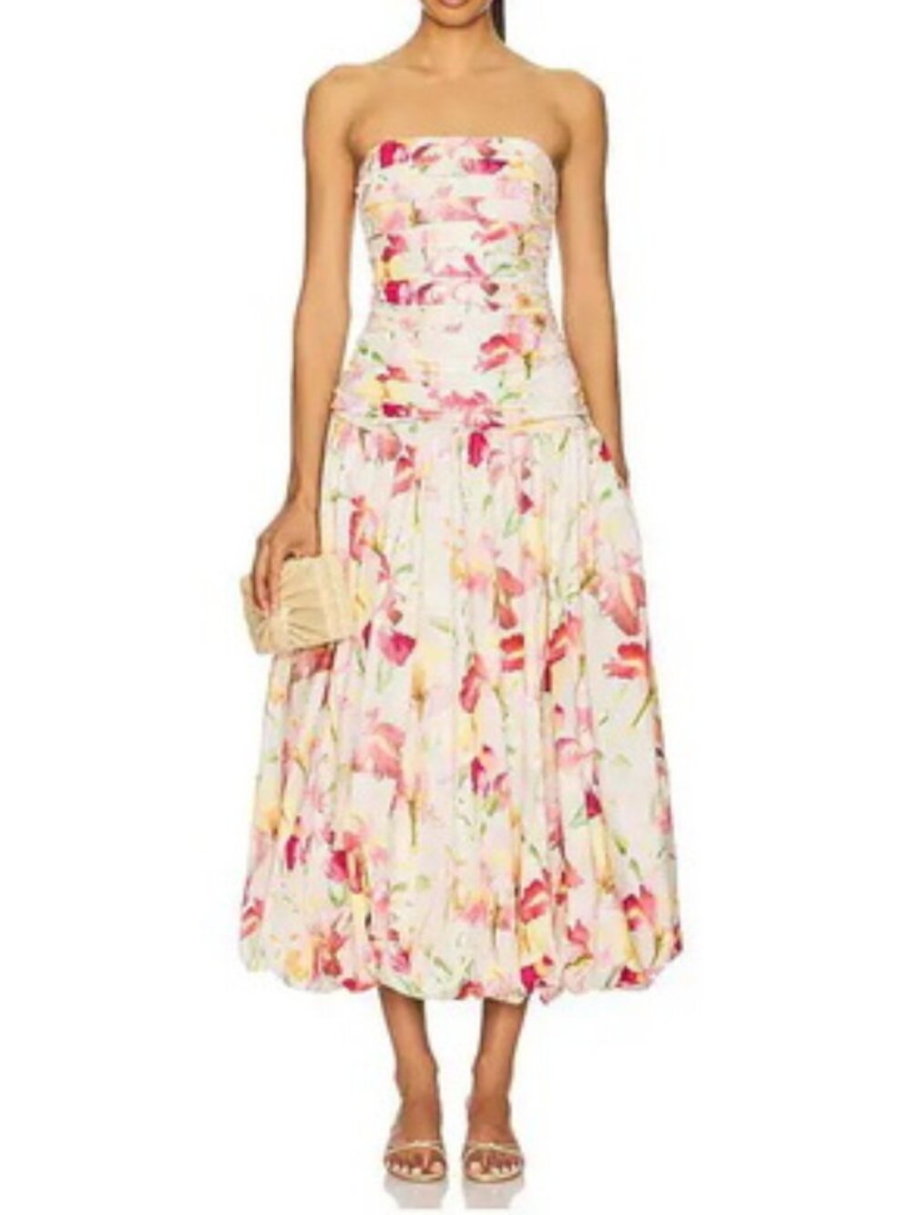 Nicholas Ivory Multi Floral Despina Bubble Strapless Midi Dress